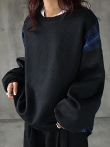 FRIFUL 女式撞色格子印花休闲宽松长袖运动衫，秋季服装 - 黑色 - 查看 4