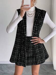 Chiquease 2 件套休闲格子背心和裙子套装秋季 - 黑色 - 查看 6