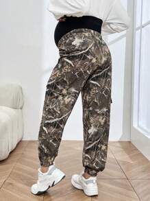 SHEIN 孕妇翻盖口袋植物印花工装裤 - 軍綠色 - 查看 2