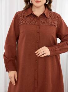 Al Najma Lace Trim Collar Splice Elegant Plus Size Women Long Dress, Modest Casual Shirt Maxi Dresses, For Casual Daily