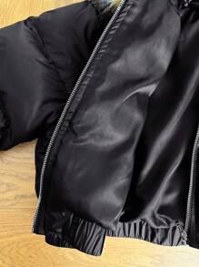 SHEIN Tween Girls 纯黑色冬季拼布蓬松连帽短款黑色棉服外套，秋冬思考者 - 黑色 - 查看 11