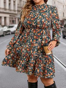 SHEIN Clasi Vestido largo con cintura estampado de flores pequeñas, talla grande, otoño/invierno