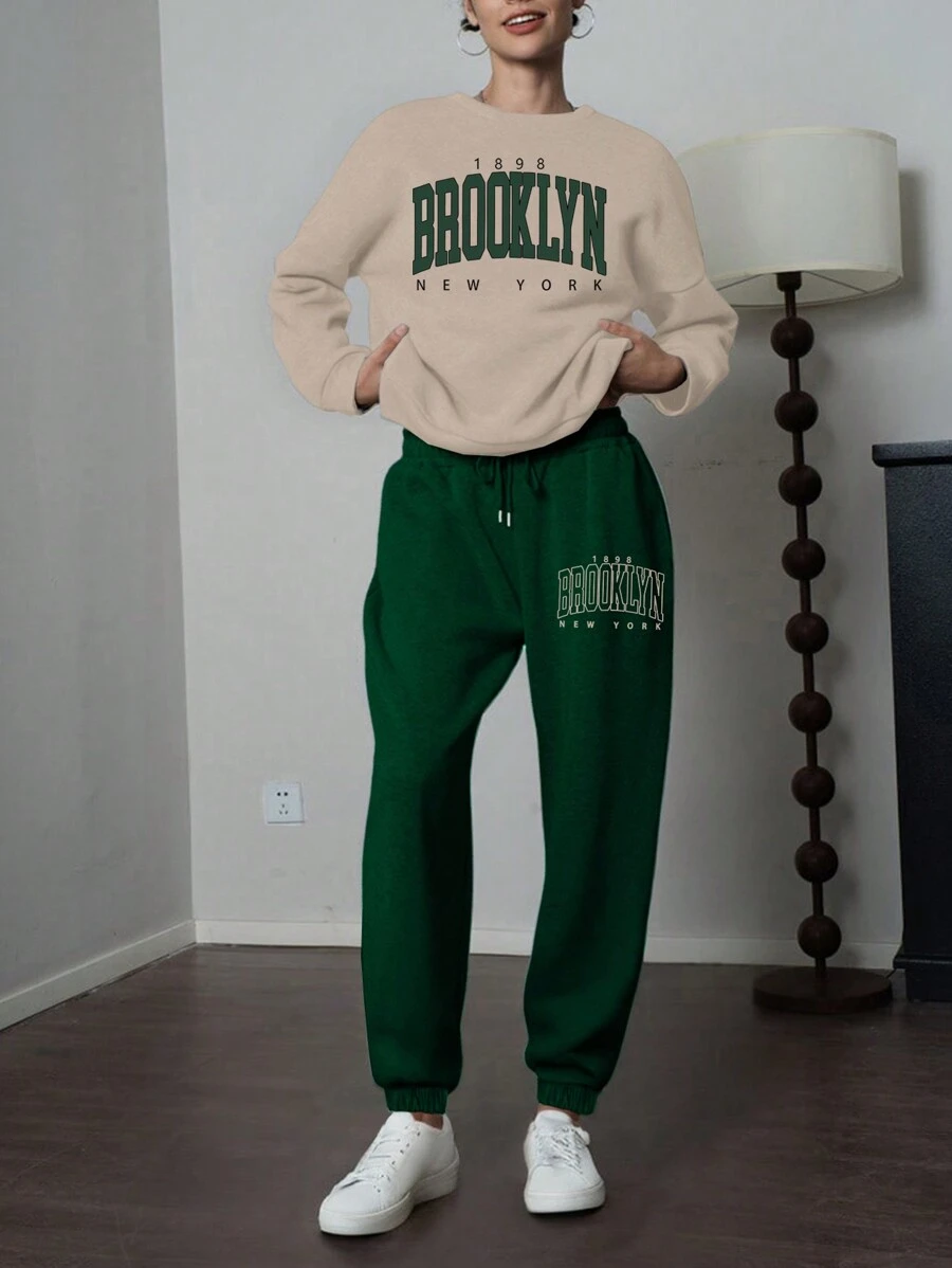 INAWLY 2 件套女士休闲字母印花运动衫和运动裤运动服秋冬季 - 彩色 - 查看 1