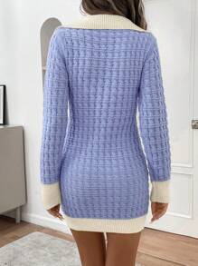 SHEIN Clasi 1 件女式拼色领口长袖修身毛衣裙，秋冬 - 藍色 - 查看 2