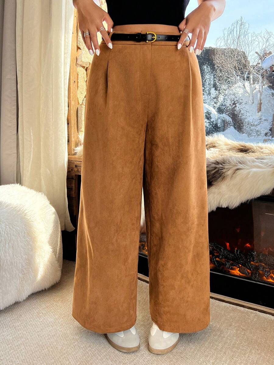 SHEIN EZwear 大码复古毛皮灯天鹅绒宽松裤配腰带,适合秋冬季 - 棕色 - 查看 1