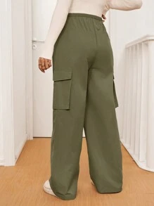 SHEIN Adjustable Waist Maternity Casual Pants With Pockets, Solid Color Wide Leg Loose Style