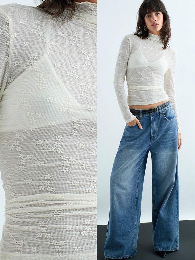 SHEIN Maija New Autumn/Winter Casual Elegant Modern Urban Chic Ladies White Textured Long Sleeve Waist Cinched Blouse