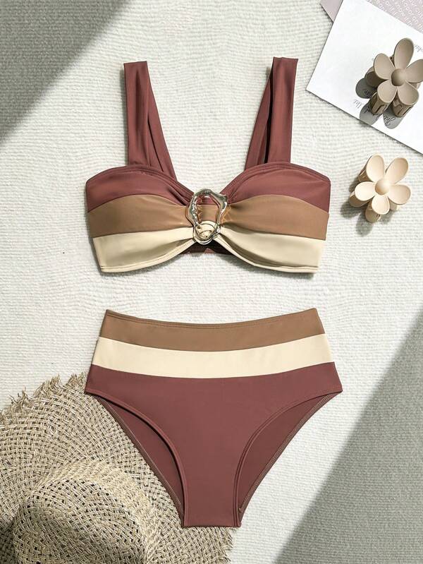 Swim Lushoire Set de costume de baie cu talie înaltă pentru bikini cu bloc de culoare, patchwork sexy, la modă, costume de baie pentru slăbire și farmec de vară