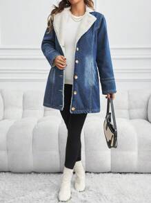 SHEIN Maternity Denim Jacket With Lining, Casual Long Sleeve Fitted Blue