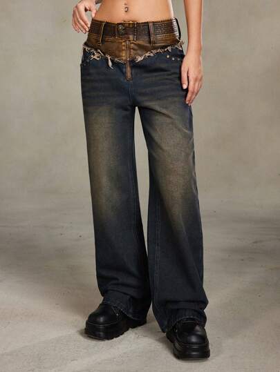 Grunge Punk Y2K Vintage Patchwork Leather Loose Wide Leg Washed Denim Jeans