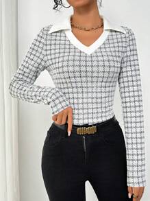SHEIN Clasi 优雅格子 V 领长袖女式 T 恤 - 白色 - 查看 5