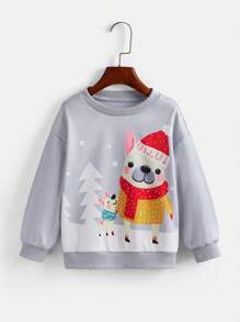 Young Girl Casual Funny Christmas Cartoon Print Drop Shoulder Loose Thermal Lined Sweatshirt And Elastic Waist Pants 2 Pieces Set, Autumn/Winter - Multicolor - View 3