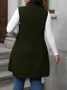 SHEIN LUNE Plus Size Solid Color Front Button Sleeveless Notched Collar Pocket Minimalist Casual Overcoat, Winter