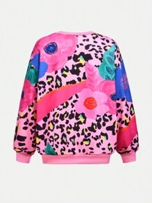 Girl & Teen Girls Casual Leopard & Floral Print Long Sleeve Loose Sweatshirt, Comfortable For Daily Wear, Vacation, Spring/Autumn - Multicolor - View 2