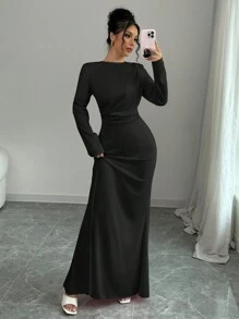 Selianne 1 件女士优雅浪漫褶皱连衣裙长款缎面女士服装 - 黑色 - 查看 4