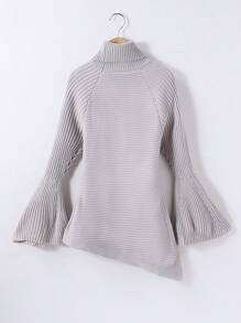 Áo len dài cổ lọ màu xám trơn cho bé gái tuổi mới lớn có tay loe, thanh lịch và đa năng cho tiệc tùng, mặc thường ngày và ngoài trời, mùa thu/đông - Màu Xám nhạt - Xem 2