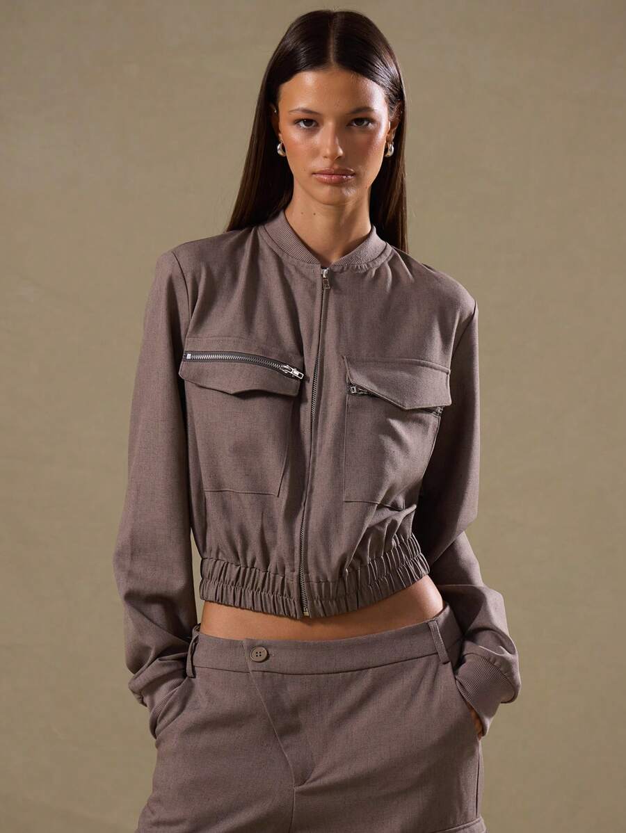MUSERA Zip Up Cropped Pocket Jacket - Grå - Visa 1