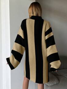 EURMUSE 女士休闲拼色条纹立领喇叭袖针织毛衣连衣裙，秋冬 - 彩色 - 查看 2