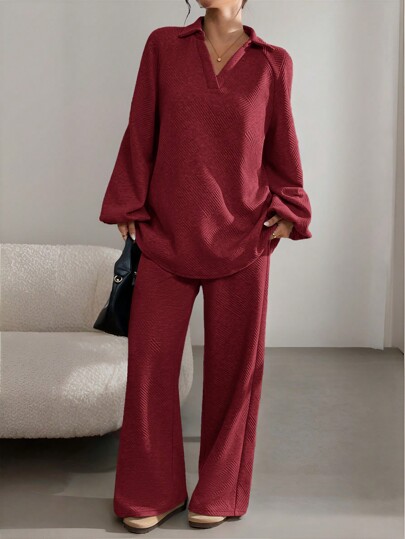 SHEIN Essnce 2 件套女士秋季套装女士休闲纯色纹理 V 领长袖上衣和直筒阔腿裤松紧腰裤女裤子套装冬季女士套装服装套装秋季两件套机场女士服装