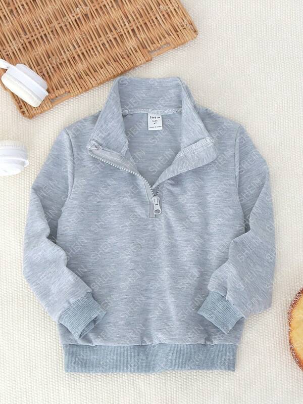 SHEIN 1pc Young Boy Casual Sports College Street Cute Cool Gray Stand Collar Half Zip Hoodie, Suitable For Daily Wear, School, Outdoor, Sports, Spring & Autumn