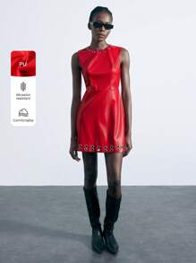 Maija PU Leather Eyelet Decor Sleeveless Round Neck Fashionable Red Short Dress For Women, Spring/Summer