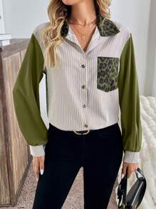Chiquease Áo sơ mi nữ dài tay đơn hàng ngày họa tiết da báo kẻ sọc chắp vá, mùa thu - xanh quân đội - Xem 5