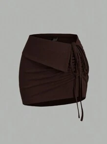 Sweetra Falda corta de mujer con paneles mixtos, unicolor, casual, con cordón y cintura ajustable, estilo Y2K - Marrón - Ver 1