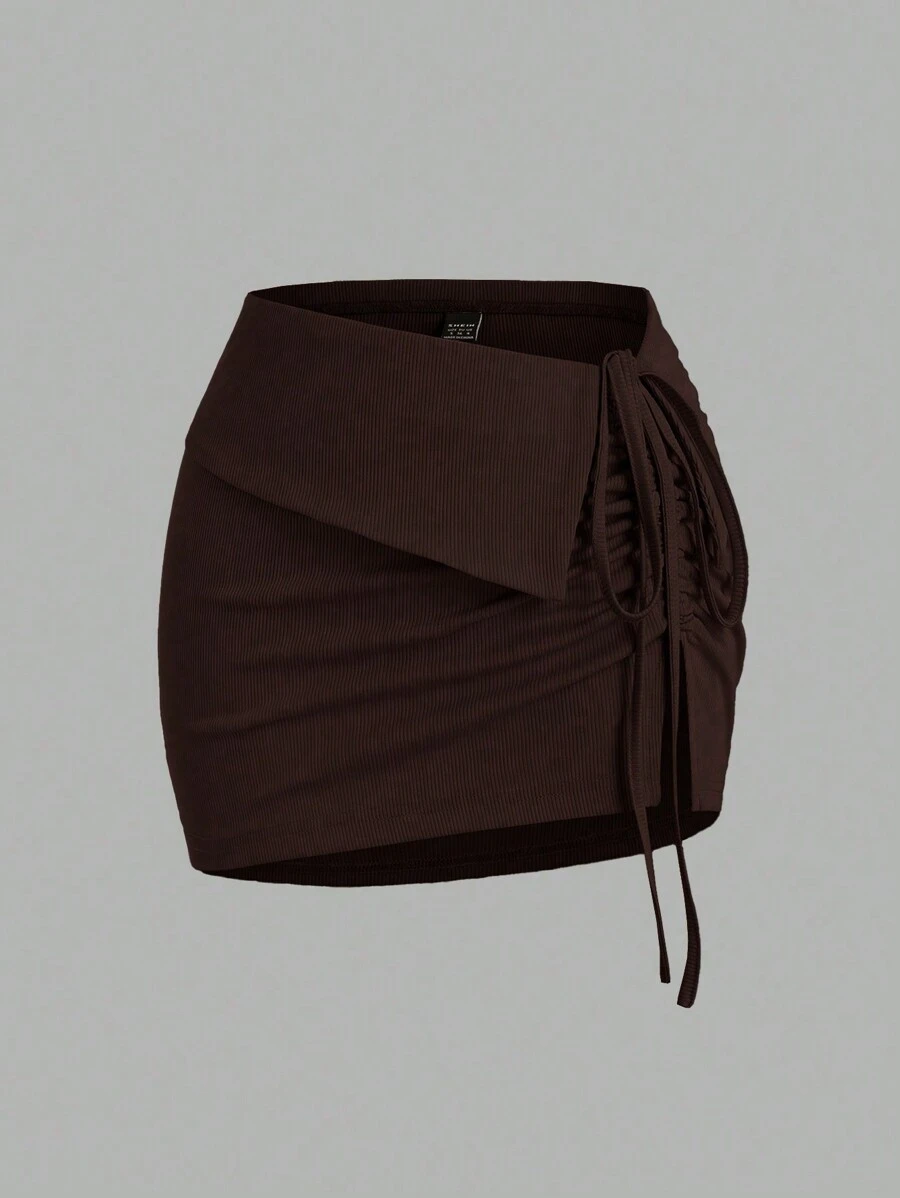 Sweetra Falda corta de mujer con paneles mixtos, unicolor, casual, con cordón y cintura ajustable, estilo Y2K - Marrón - Ver 1