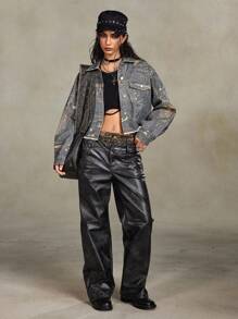 ROMWE Grunge Punk Metal Chain Doll Pendant Digital Print Stylish Street Unisex Oversized Denim Jacket - Blue - View 6