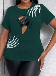 SHEIN Unity Plus Size Fashion Sexy Skull Print Hollow Out T-Shirt - Dark Green - View 4