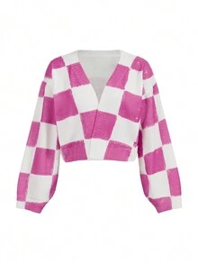 Blue Violet 艺术家女士 Y2K 棋盘格图案可爱卡哇伊开衫，适合秋冬季、假日、度假、春季、节日、春假、伊比沙岛 - 粉色 - 查看 1