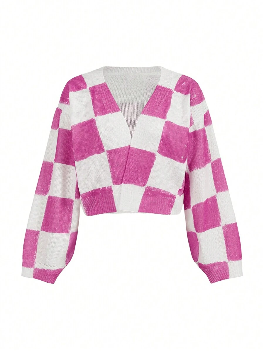 Blue Violet 艺术家女士 Y2K 棋盘格图案可爱卡哇伊开衫，适合秋冬季、假日、度假、春季、节日、春假、伊比沙岛 - 粉色 - 查看 1