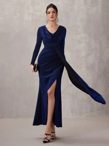 SHEIN Belle 女装时尚秋冬宴会派对公主名媛优雅网红流行连衣裙日常穿着超高弹针织金线面料紧腰提臀修身超长大码连衣裙，领口褶皱设计时尚修身扭纹设计连衣裙，蓝色连衣裙正式晚宴鸡尾酒会礼服，圣诞装，小名媛礼服，舞会半正式礼服，适合生日，婚礼嘉宾，毕业典礼，返校节 - 彩色 - 查看 8