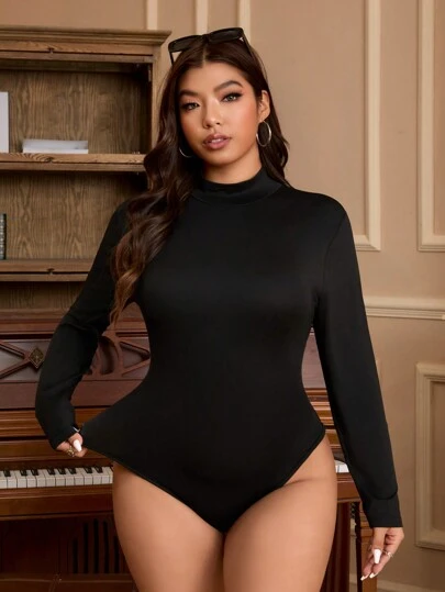 SHEIN EZwear Plus Size Black Turtleneck Bodysuit For Autumn/Winter