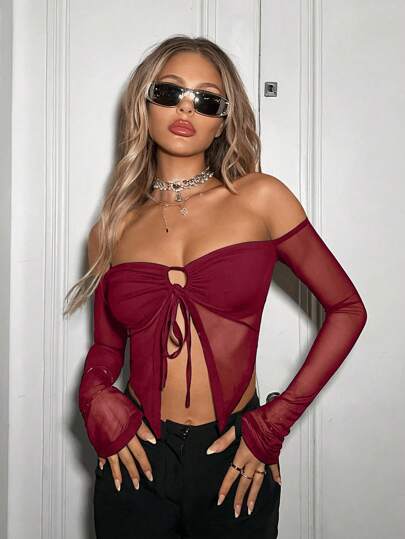 SHEIN ICON Holiday Tops   Red Off-Shoulder Chest Gathered Drawstring Lace Women's Top