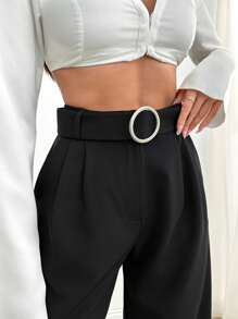RueChic Women Solid Color High Waist Straight Pants With Belt Detail - Black - View 6