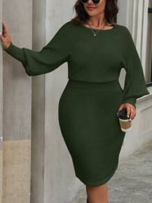 EMERY ROSE Plus Size Solid Color Round Neck Fitted Elegant Long Sleeve Sweater Dress, Winter Fall Cloth For Women - Army Green - View 4