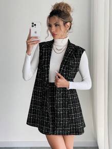 Chiquease 2 件套休闲格子背心和裙子套装秋季 - 黑色 - 查看 4