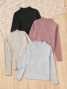 SHEIN Leap Crew Tween Girl 4 件套高领生菜边针织面料 T 恤，百搭，非常适合秋冬季休闲、日常穿着和学校日常穿着