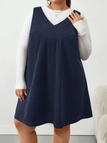 SHEIN CURVE+ French Style Solid Color V-Neck Corduroy Dress (Sweater Not Included)