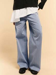 Athîral 阔腿条纹裤，松紧腰，女式慢跑裤 - 藍色 - 查看 3
