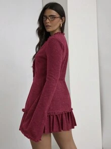 COSMINA Set de 2 piezas Blusa de manga larga de parches de unicolor con flecos y falda plisada midi casual para el otoño