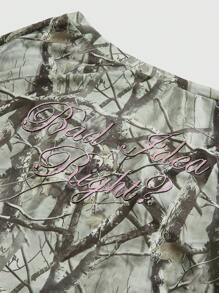 ROMWE Grunge Punk Women'sDeadtree Branch Colorblock Embroidery Loose Oblique Shoulder T-Shirt - Multicolor - View 3