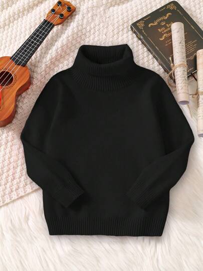 1 قطعة كنزة صوفية كاجوال مريحة للأولاد ذات لون أحادي مرنة وفضفاضة بياقة عالية، يمكن ارتداؤها كطبقة أساسية أو كملابس خارجية