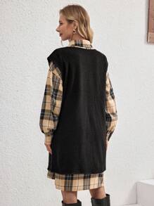 SHEIN 2pcs/Set Pregnant Women Plaid Drop Shoulder Long Sleeve Shirt Dress And Solid Round Neck Camisole Dress, Autumn - Multicolor - View 2