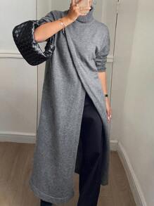 DAZY Váy len xẻ tà cổ lọ màu trơn thường ngày cho nữ, dành cho mùa thu đông, quần áo mùa thu cho nữ - Xám - Xem 1