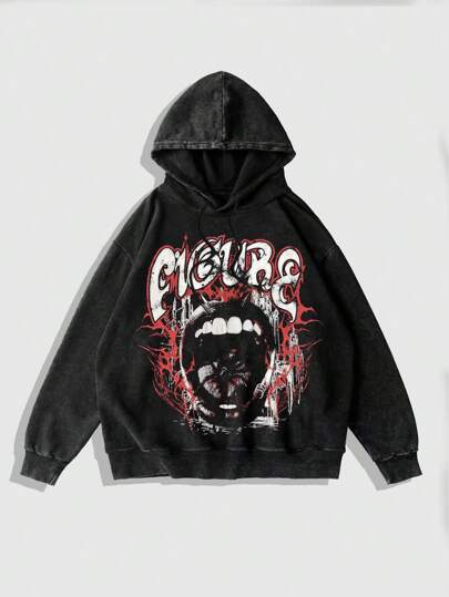 Street Life Men's Hip Hop Letter Print Long Sleeve Loose Fit Hoodie Sweatshirt, Autumn