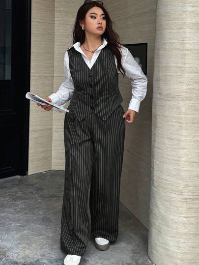 Easura Plus Size Women Casual/Formal 2pcs Set: Striped Single-Breasted Vest And Pants, Suits For Commute, Autumn Graduation,Back To School,Teacher Outfits For Women Winter Fall