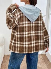 SHEIN Hooded Color Block Plaid Patchwork Buttoned Drawstring Maternity Jacket, Women Autumn Outerwear - Khaki - View 2