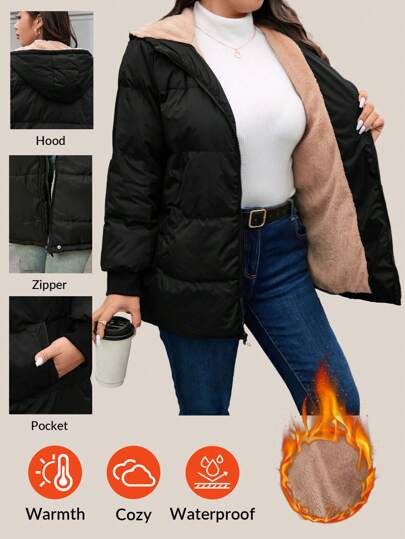 SHEIN LUNE Abrigo acolchado con cremallera frontal con capucha de unicolor de manga larga para mujer talla grande, conjunto de ropa de invierno térmica para vacaciones